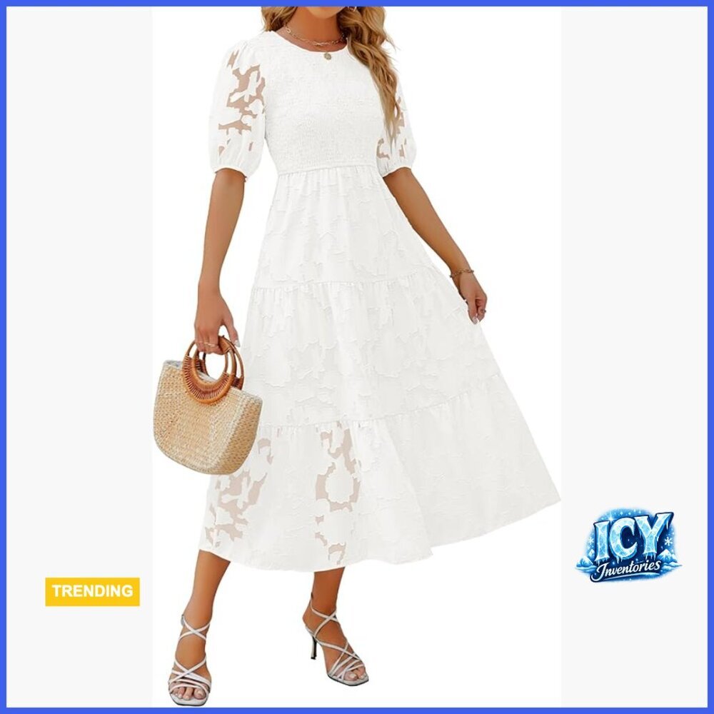 Polyester Smocked Maxi Dress with Puff Sleeves and Lace